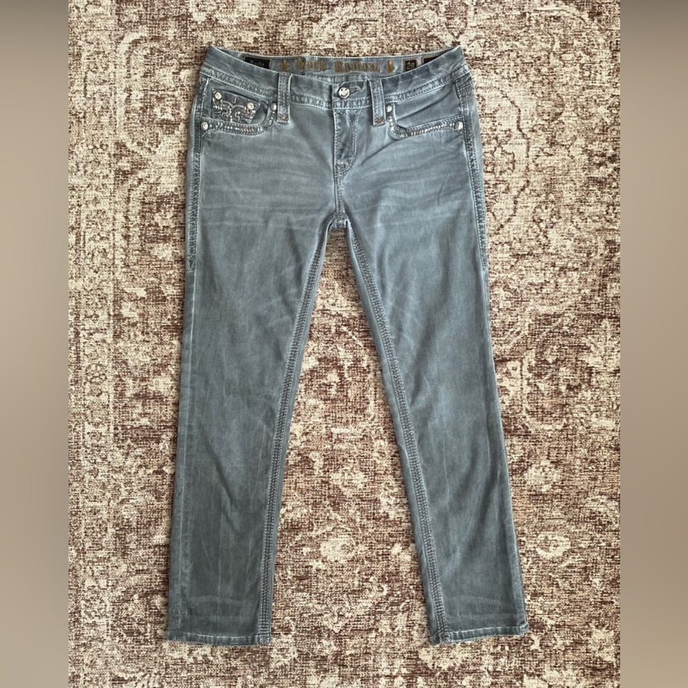 Rock Revival Boris Grey Whiskering Sequins Mid-rise Crop Denim Jeans Size 28
